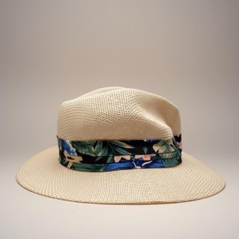 Vintage Sun Hat Panama Jack L Tropical Band Floral‎  Beige 100% Paper Golf